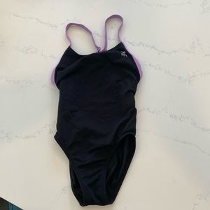 TYR swimsuit with adjustable straps. Black with purple straps size 10/24